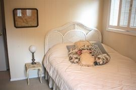 Wicker Headboard, Small Table and /lamp with Accent Pillows