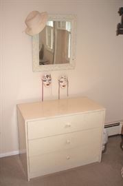 3 Drawer Dresser, Framed Mirror, Ladies Hat and a Pair of Masks