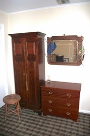 Narrow Armoire and 3 Drawer Dresser with Mirror / Hat Rack and Wicker Stool