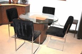 Round Glass and Wood Pedestal Table with 4 Chairs