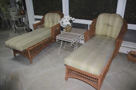 Pair of Wicker Chaises and White Metal Tables and Serving Cart