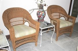 Pair of Wicker Chairs and White Metal and Glass Table with Decorative