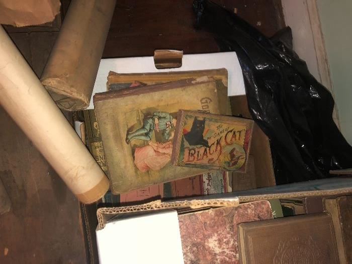 Large selection of antiques, postcards, bottles, documents, books, letters, prints and oil paintings found in hidden area of mansion.