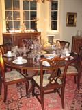 1840-1860's Set of Chippendale Chairs, Banded Inlaid Round Pedstal Dining Room Table