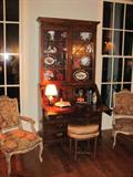 Pr. of French Gilt 19th century Chairs with Original Aubussons and Early 19th century Bookcase Secertary Banded Inlaid with Bracket Foot and Original Finish