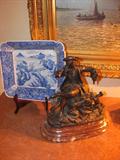Blue and White Chinese Bowl and Bronzed Figural