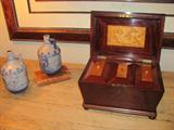 Mahogany and Birdseye Maple Tea Caddy circa 1820 to 1860 and Blue and White Salt Glaze Jugs
