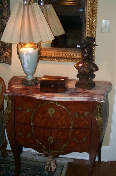 Matching Pair of Antique Italain Commodes, Minton Pate Sur Pate Lamp, Tea Caddy, Bronze