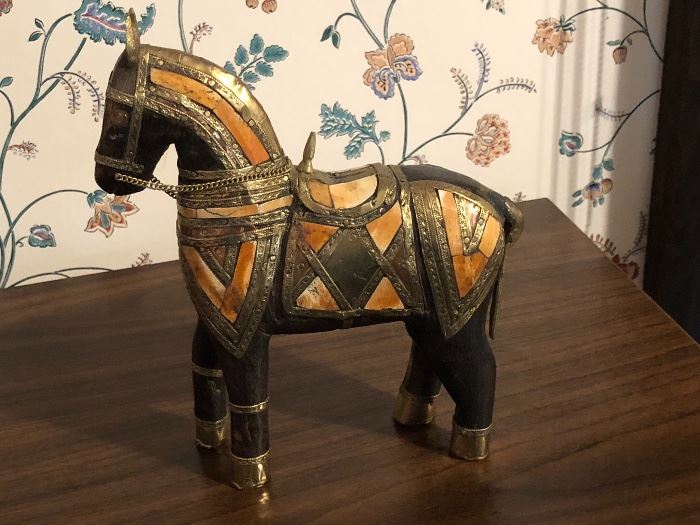 Chinese Wood & Brass Horse