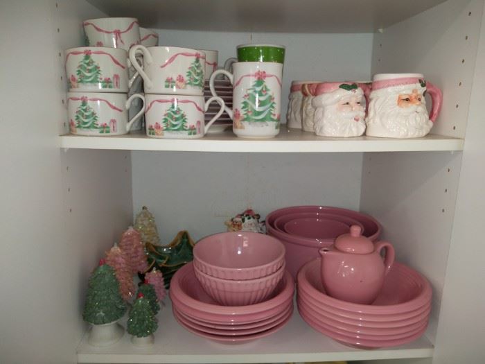 The pink and green Christmas dish set is so pretty