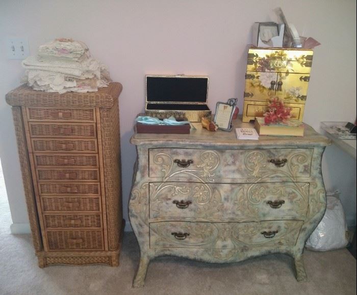 Nice rattan jewelry armoire and painted chest