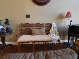 bench 5'4"   x   26"   gold  red  and  white  stripe  fabric-