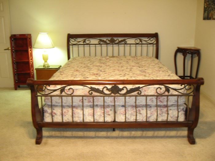 Beautiful California King Sleigh Bed w/Mattress,     Several Night Stands, Tables, Bookcases in this sale...