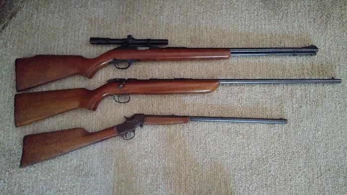 Top - Marlin model 60, micro groove barrel, 22 LR only  Tasco scope 4x15. Middle - Remington 22 short/long Target Master. Bottom - Crack Shot, J. Stephens Arms and Tool Co. 22 Long Rifle