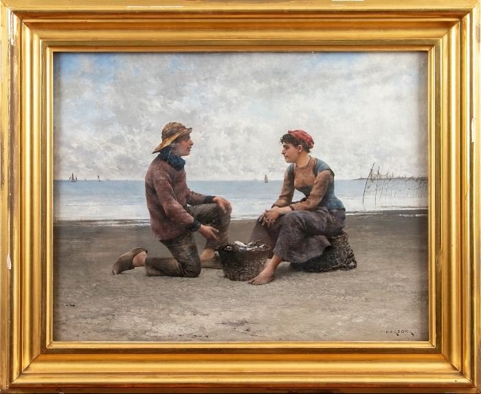 AUGUST VILHELM HAGBORG (SWEDISH, 1852-1925) OIL ON CANVAS- 19TH C. CHARMING ACADEMIC PAINTING WITH YOUNG FISHERMAN AND FISHMONGER GIRL FLIRTING Item #: 90259