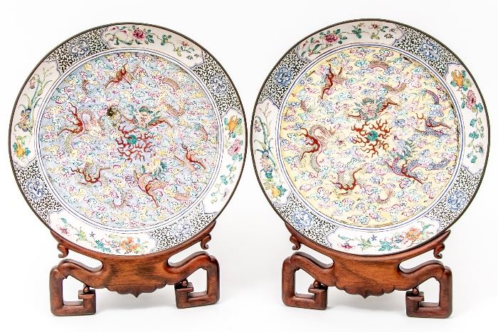 PAIR OF ANTIQUE CHINESE ELABORATELY ENAMELED AND DECORATED CHARGERS WITH DRAGON MOTIFS Item #: 85505