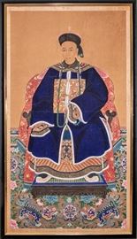 ANTIQUE CHINESE ANCESTOR PORTRAIT OF A NOBLEMAN IN ELABORATE COLORFUL ROBES Item #: 88803