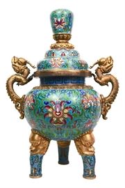 QING DYNASTY 19TH CENTURY CLOISONNE ENAMEL AND GILT-BRONZE LOTUS CENSER AND COVER Item #: 91513