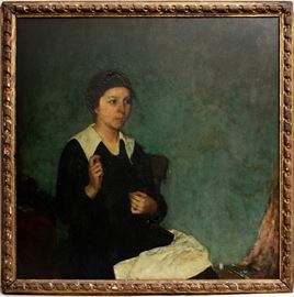 CHARLES WEBSTER HAWTHORNE (AMERICAN, NEW ENGLAND AND NY), OIL ON PANEL, "YOUNG WOMAN SEWING" Item #: 91409