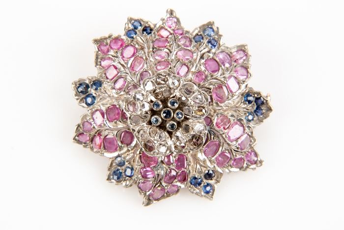 19TH CENTURY AUSTRO- HUNGARIAN SILVER AND GEMSTONE FLOWER FORM PENDANT BROOCH Item #: 57286
