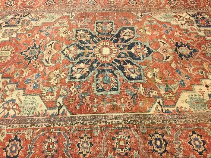 ANTIQUE HERIZ HAND KNOTTED WOOL CARPET, 143” X 111” Item #: 91501