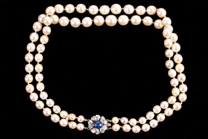 DOUBLE STRAND PEARL NECKLACE WITH DIAMOND AND LAPIS CLASP  Item #: 89098