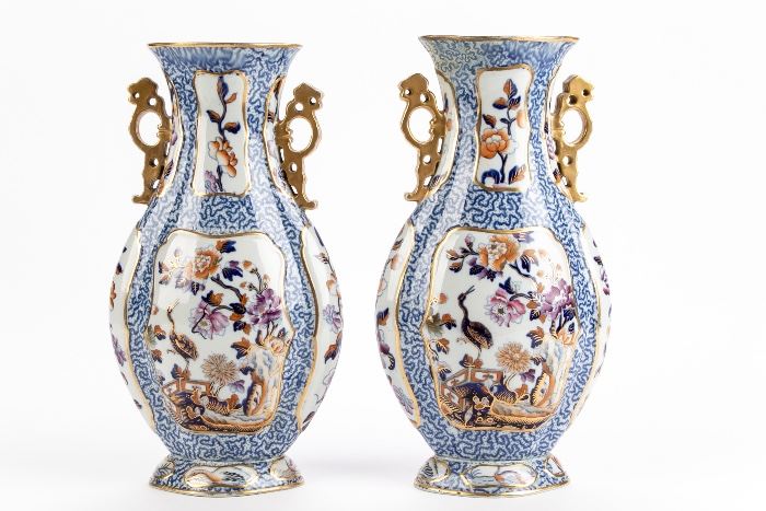 PAIR OF ANTIQUE ENGLISH IRONSTONE POLYCHROME DECORATED VASES IN THE CHINESE STYLE Item #: 89812