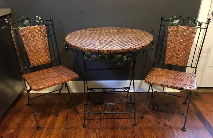 Folding table and two rattan chairs