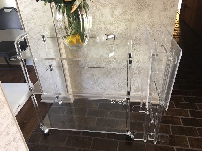 Acrylic Lucite bar cart and tray tables.
