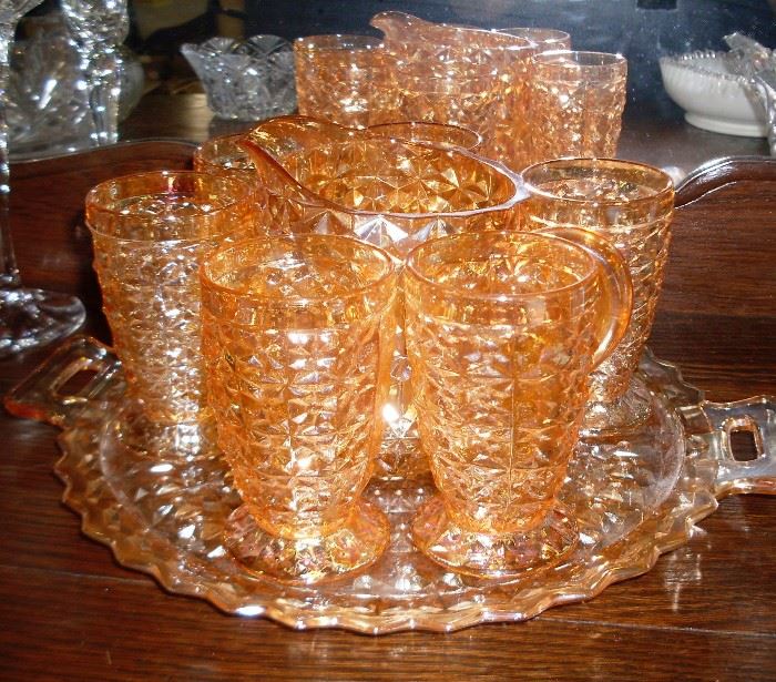 CARNIVAL GLASS GLASSES, PITCHER AND TRAY