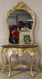 Gilded marble top console with mirror