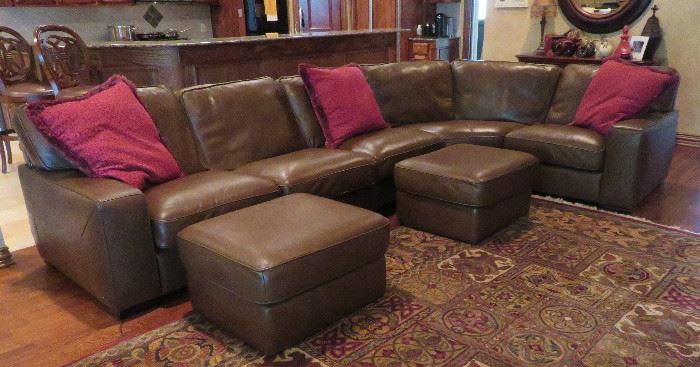 Custom leather sectional with ottomans