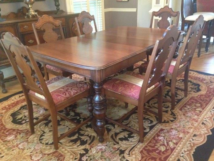 Antique Dining Room Table, Table pad and Set of 6 chairs.