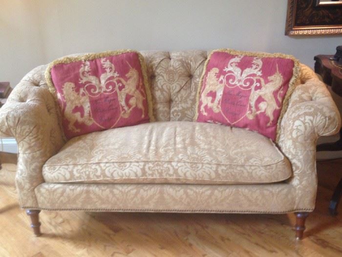 Gold Damask Upholstered Love-seat with Tufted back. Down-filled cushion and matching pillows 