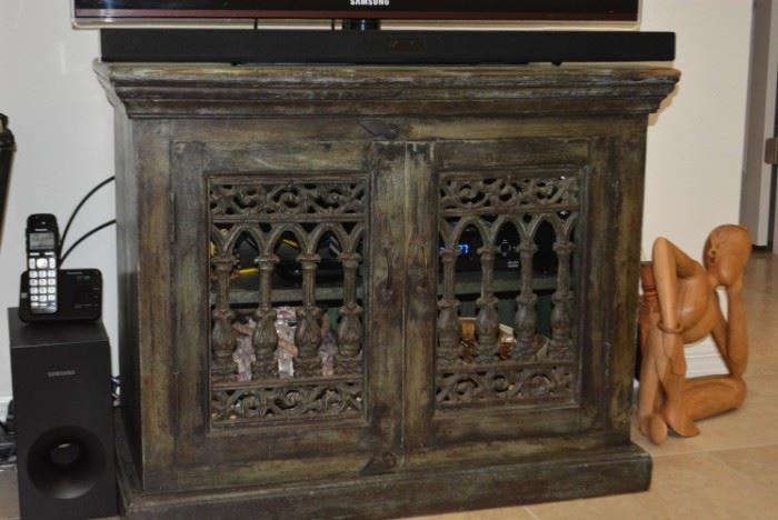 This real wood cabinet is a versatile piece that will last a lifetime! Use as an entertainment center, cabinet for kitchen, or storage for clothes or any storage you’d like. Details: Distressed Green Wood in Color; Condition: Excellent; Size: 36" x 20"