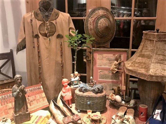 early Native American Indian Halloween costume,  Jain painting,  early Hummels , early 20th c chenille lamp shade and lamp, Asian basket hat and other items 