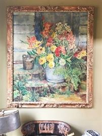 painting on oil with great frame by local artist Pearl Phelps Brown who showed locally in the Basking ridge area in the early 20th c. She curated shows of antiques at the local library and was a painter of flowers. 