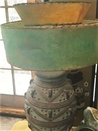 Mid century modern hand built ceramic art lamp . Added Vintage custom shade 
