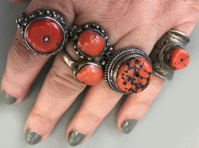 coral and silver rings from Tibet and Yemen 