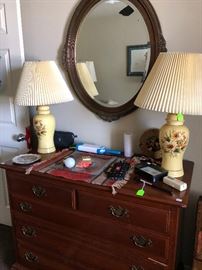 Chest, Antique Oval Mirror, Pair of Matching Table Lamps 