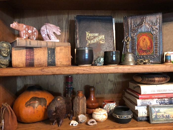 Books, Hand Carved Wooden Buffalo, Indian Pottery 