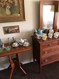 Antique Parlor Table, Oak Dresser with Glass Knobs 