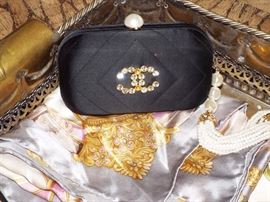 COCO CHANEL BLACK FABRIC CLUTCH PURSE (TWO RHINESTONES MISSING, EASY FIX)