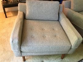 (2) Available.  Mid Century arm chairs with button seat, grey/off white tweed by Armstrong Furniture of Martinsburg W. VA