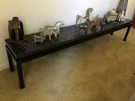 Iron base table/bench w/marble top  75" long x 12" deep, stately and unique!!