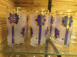 Blue and gold pattern mid century drinking glasses set of six