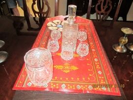 decanter with snifters , painted tray and candy lidded jar