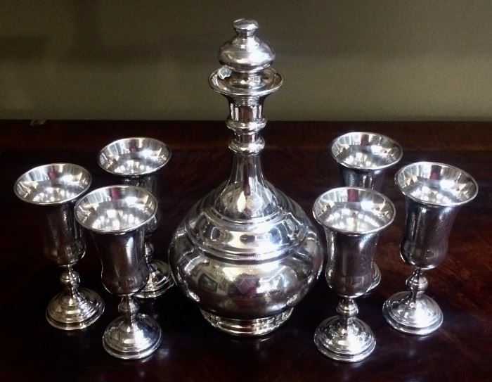 Sterling Wine Decanter And Six Kiddush Cups