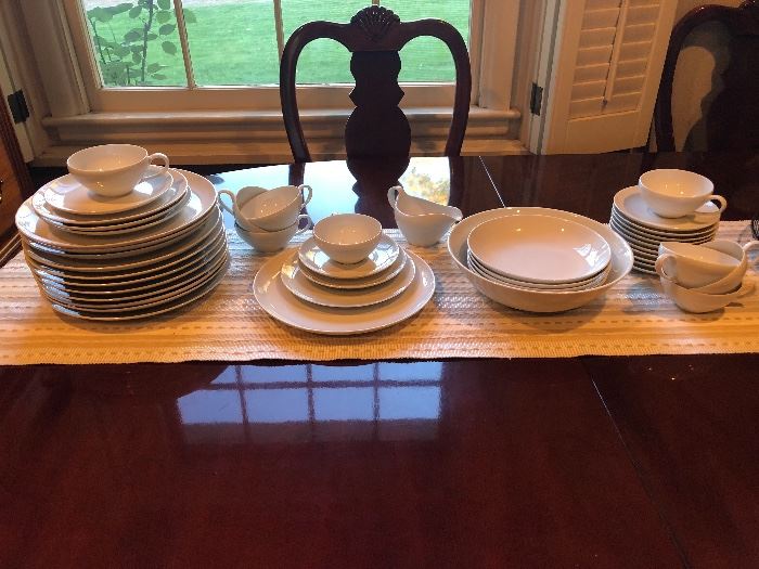 Set of white dishware - and lovely dining table and eight chairs 