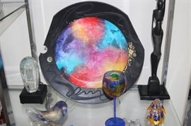 Murano  glass bird, and signed paperweights.